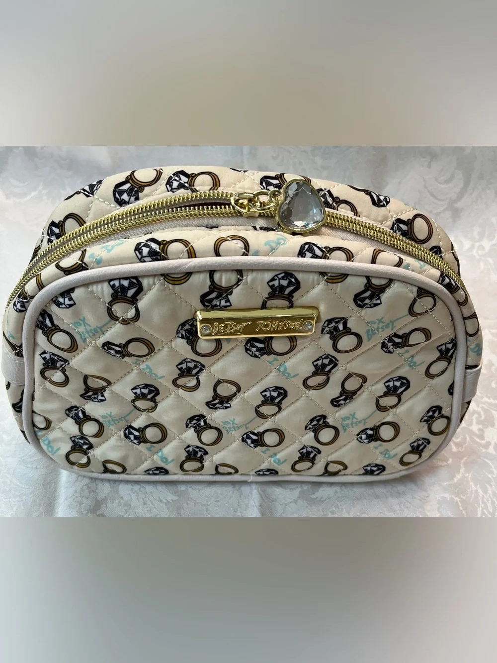 Betsey Johnson Quilted Cosmetic Pouch with Heart Charm